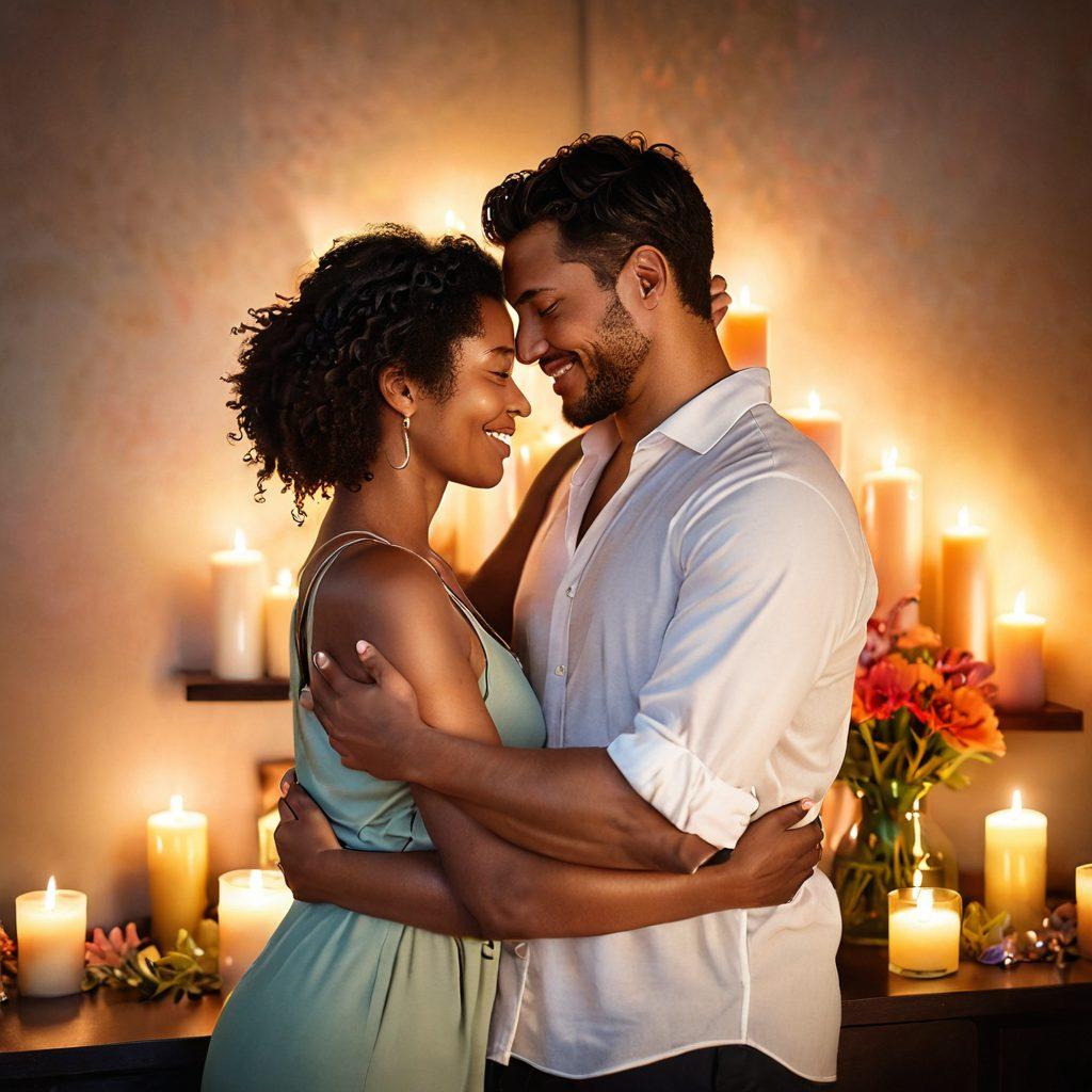 A couple joyfully embracing in a serene and intimate setting, surrounded by soft lighting and calming colors, with symbols of love and wellness like candles, flowers, and gentle curves representing connection. The atmosphere should evoke warmth, happiness, and intimacy, inviting viewers to explore deeper connections. super-realistic. vibrant colors. soft focus.