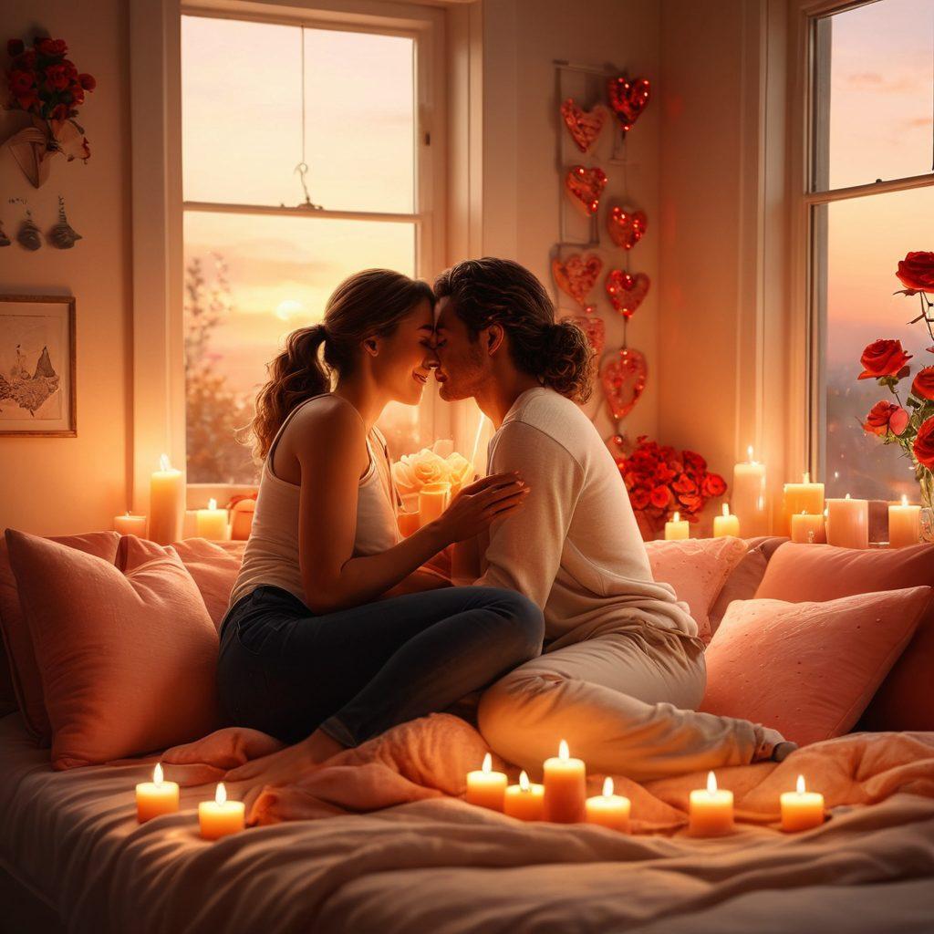 A couple sharing an intimate moment in a cozy, warmly lit room filled with soft pillows and candles, surrounded by symbols of love like roses and heart-shaped decorations. The scene captures their joyful expressions, emphasizing connection and happiness, with a gentle glow of sunset light filtering through a window. Romantic and inviting ambiance. super-realistic. warm colors. intimate atmosphere.