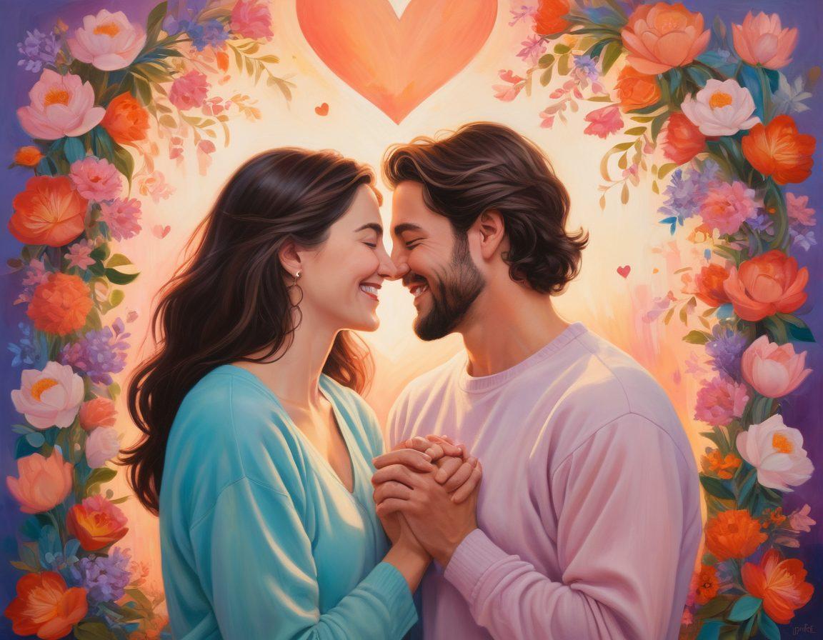 A cozy, intimate scene featuring a couple laughing together under soft, warm lighting, surrounded by symbols of connection like hearts and intertwined hands, with a backdrop of blooming flowers and gentle pastel colors. The atmosphere should exude warmth, joy, and closeness, inviting viewers to explore the essence of loving relationships. painting. vibrant colors.